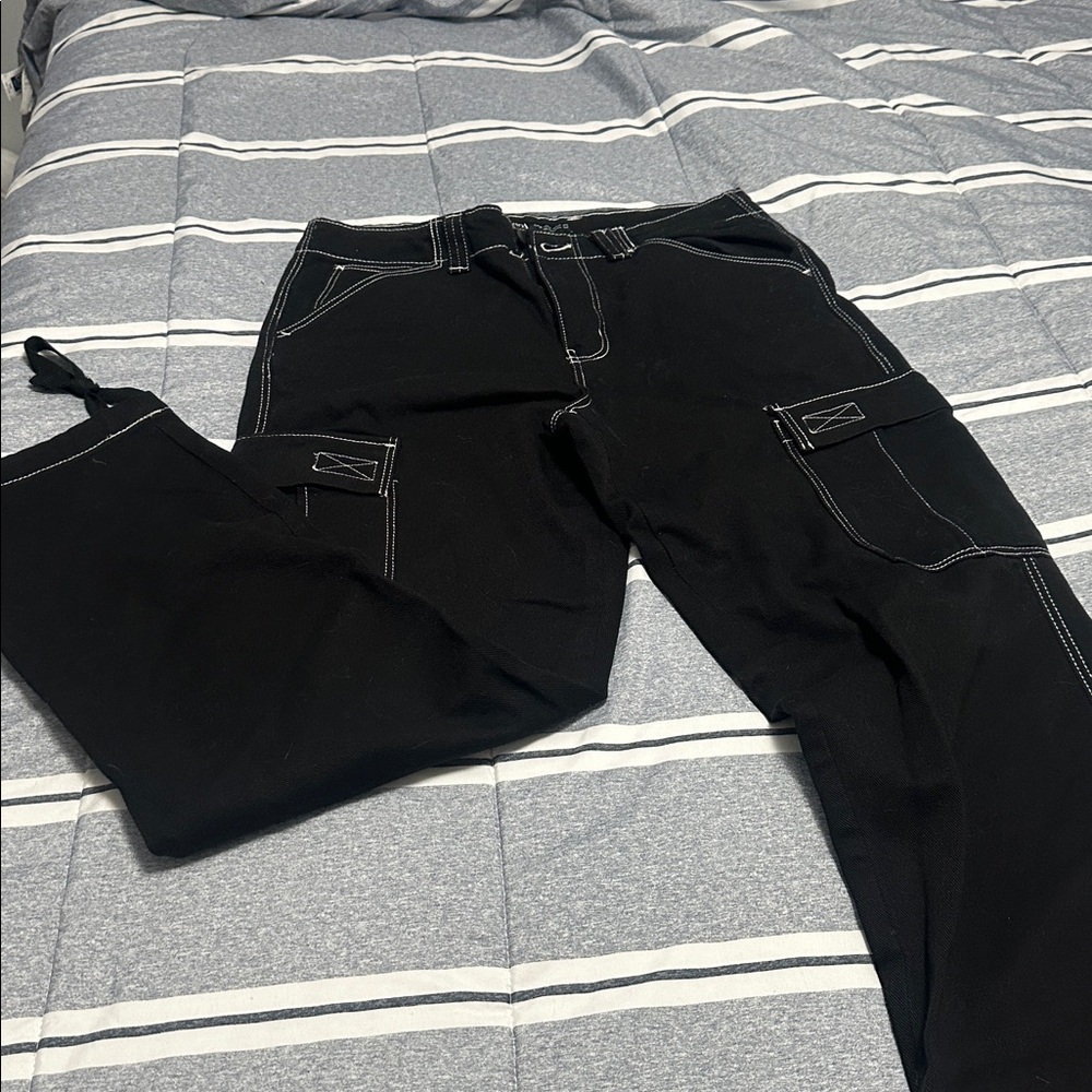 Zara Black Cargo Twill Pants with Contrasting White Stitching